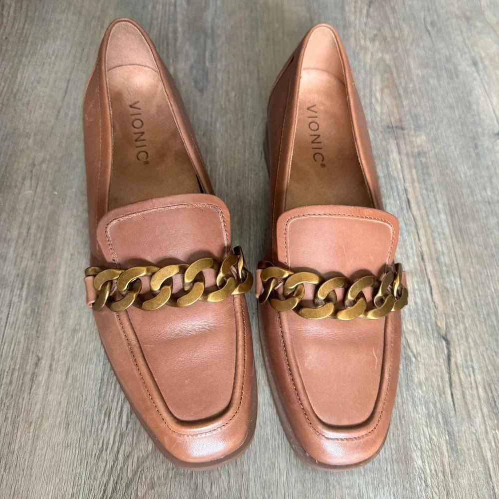 Vionic Mizelle Tan Leather Chain Link Loafers Womens‎ 6.5 Shoes